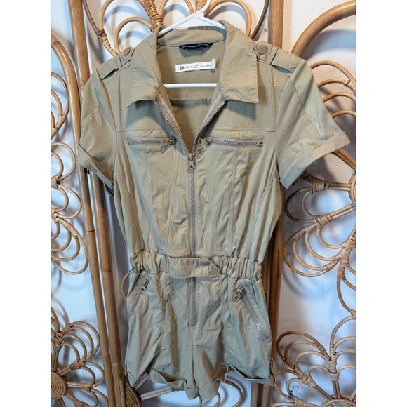 Blanc Noir Womens Utility Romper Tan Khaki Short Sleeve Full Zip XS Jumpsuit